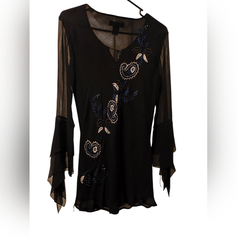 Vintage Silk Black Embroidered Beaded Paisley Sheer-Sleeve Top Blouse Medium